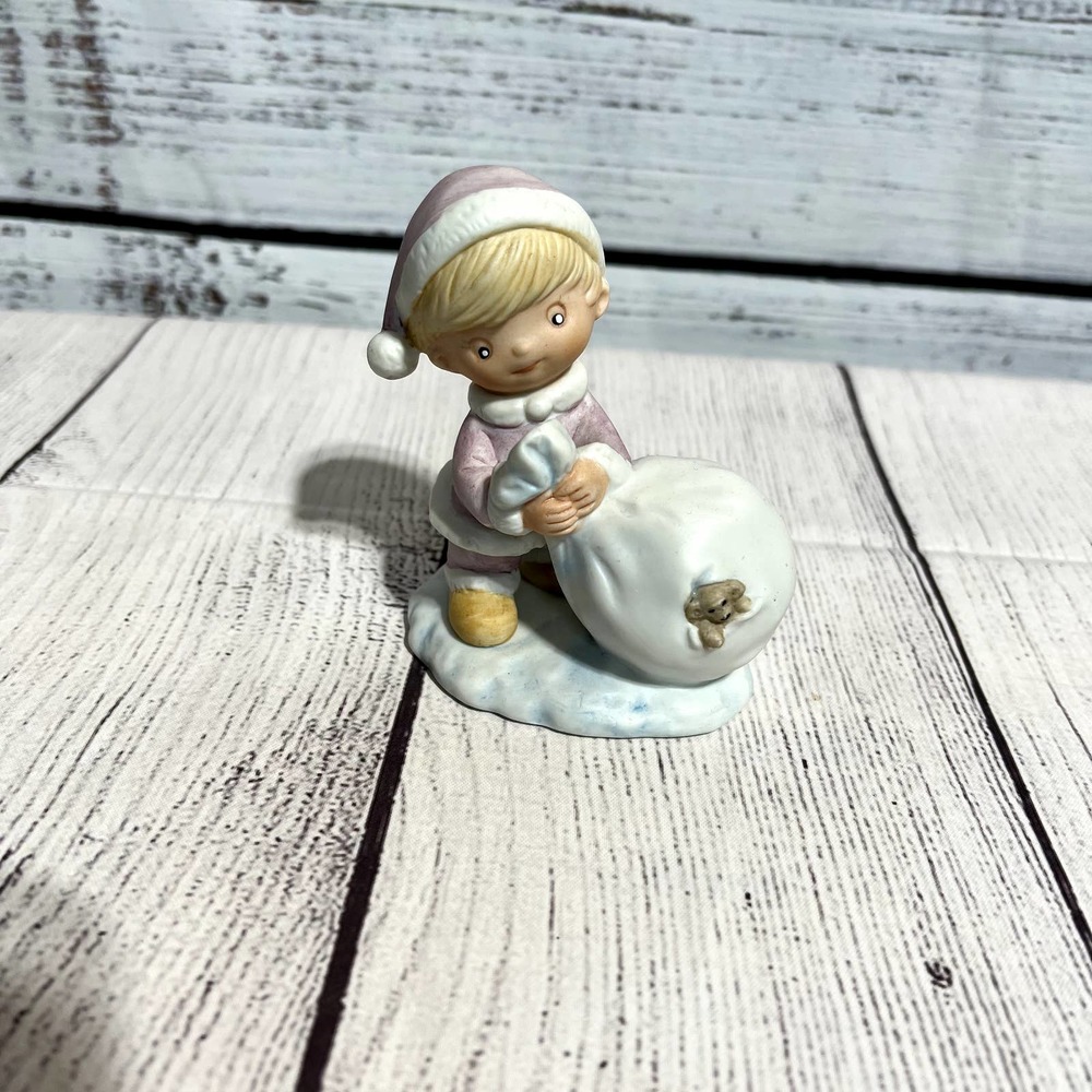 HOMCO Figurine Boy Santa Hat Pulling Bag of Presents Teddy Bear Vintage #5613